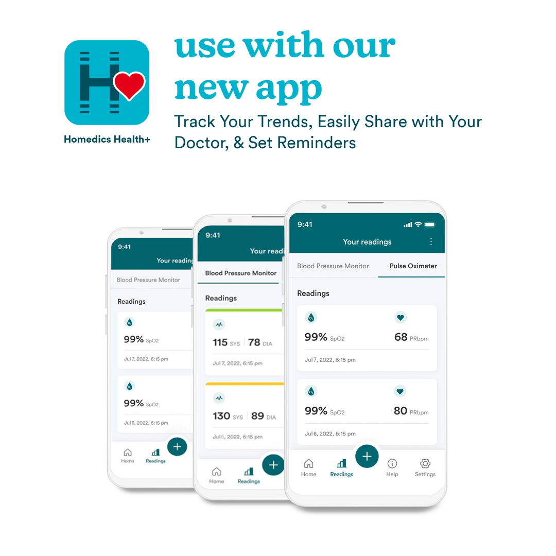 Homedics® 700 Series Pulse Oximeter connects to our app via bluetooth