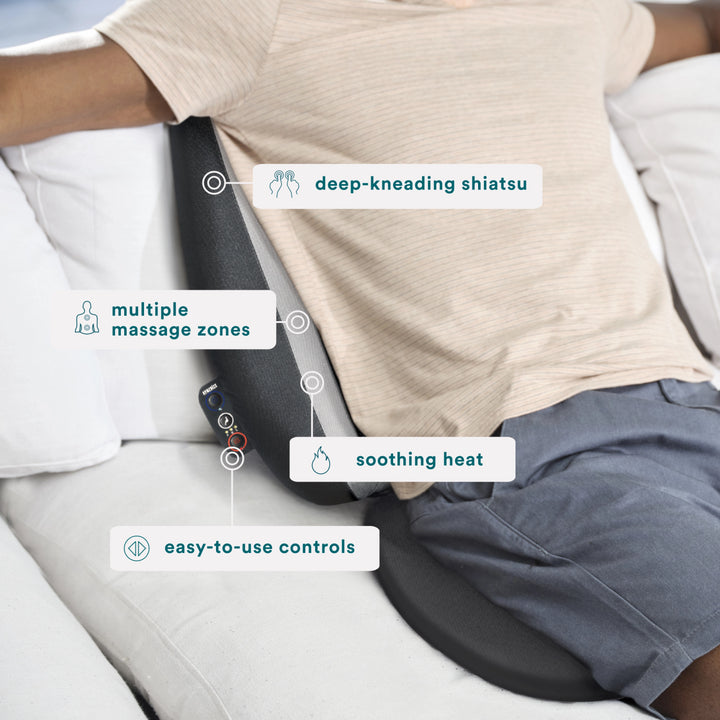 deep-kneading shiatsu, multiple massage zones, soothing heat, easy-to-use controls