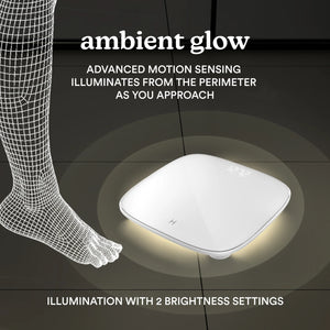 White | ambient glow, ADVANCED MOTION SENSING ILLUMINATES FROM THE PERIMETER AS YOU APPROACH