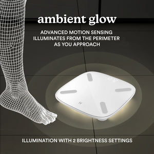White | ambient glow, ADVANCED MOTION SENSING ILLUMINATES FROM THE PERIMETER AS YOU APPROACH