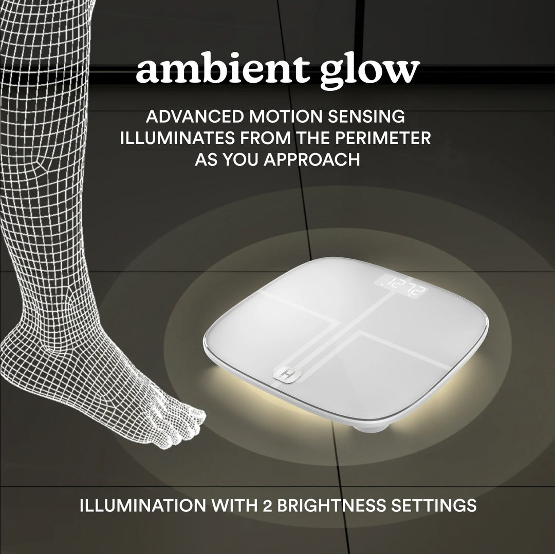 White | ambient glow, ADVANCED MOTION SENSING ILLUMINATES FROM THE PERIMETER AS YOU APPROACH