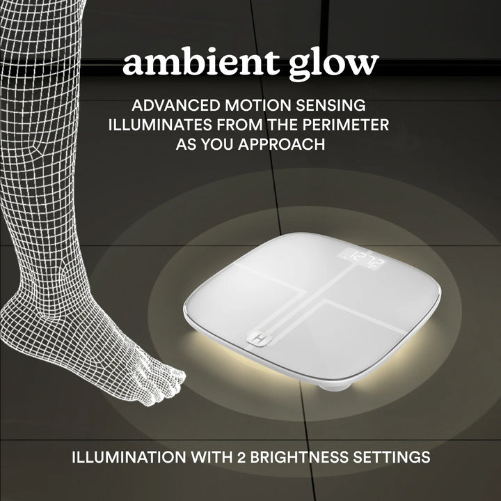 White | ambient glow, ADVANCED MOTION SENSING ILLUMINATES FROM THE PERIMETER AS YOU APPROACH