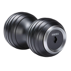 Woman lays on her back and massages her left calf with the Homedics Double-Barrel Total Body Massager