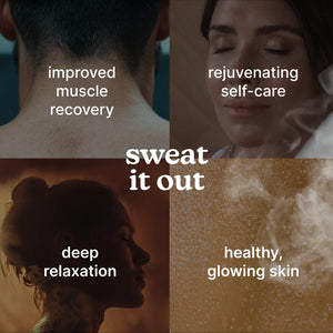 image shows SaunaZen Portable Steam Sauna improves muscle recovery, rejuvenating self care, deep relaxation, healthy glowing skin.