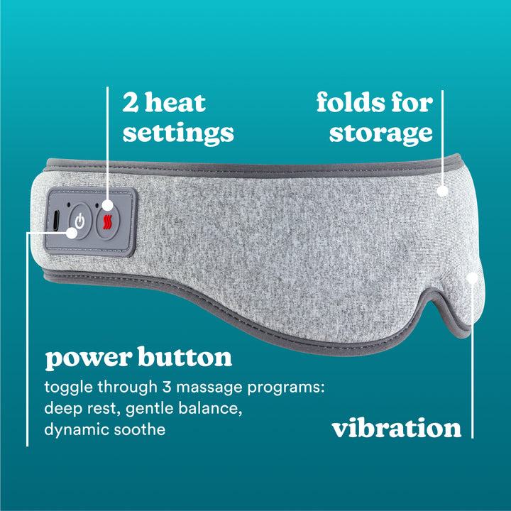 Image shows Homedics® Eye Massager with Heat have 2 heat settings,folds for storage,power button,toggle through 3 massage programs: deep rest, gentle balance, dynamic soothe
vibration