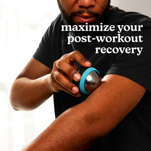 Homedics® IcyGlide™ Massage Roller Ball is used to provide cooling relief to biceps