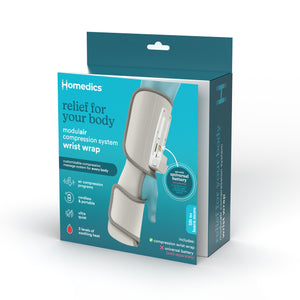 A blue box packaging of Modulair Compression Wrist Wrap which covers important information about the product on it