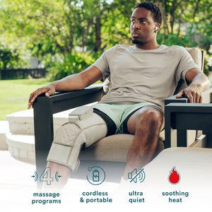 Close up view of a man relaxing with Homedics® Modulair compression knee wrap.