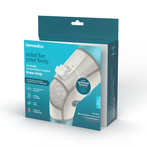 A blue box packaging of Homedics® Modulair compression knee wrap which covers important information about product on it.