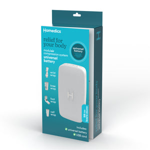A blue box packaging of Homedics® Modulair compression system universal controller which covers important information about product on it.