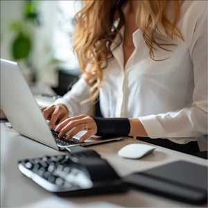 A woman using the Homedics Hot and Cold Relief Gel Hand Sleeve while working