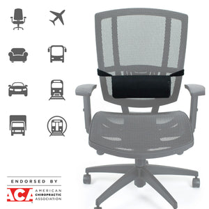 Supporting Roll with Massage - supporting roll on office chair with Icons for places to use  including office chairs, airplanes, sofa chairs, public transportation, box trucks, and cars - ObusForme