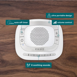 ultra portable design, auto-off timer, volume control, 6 soothing sounds
