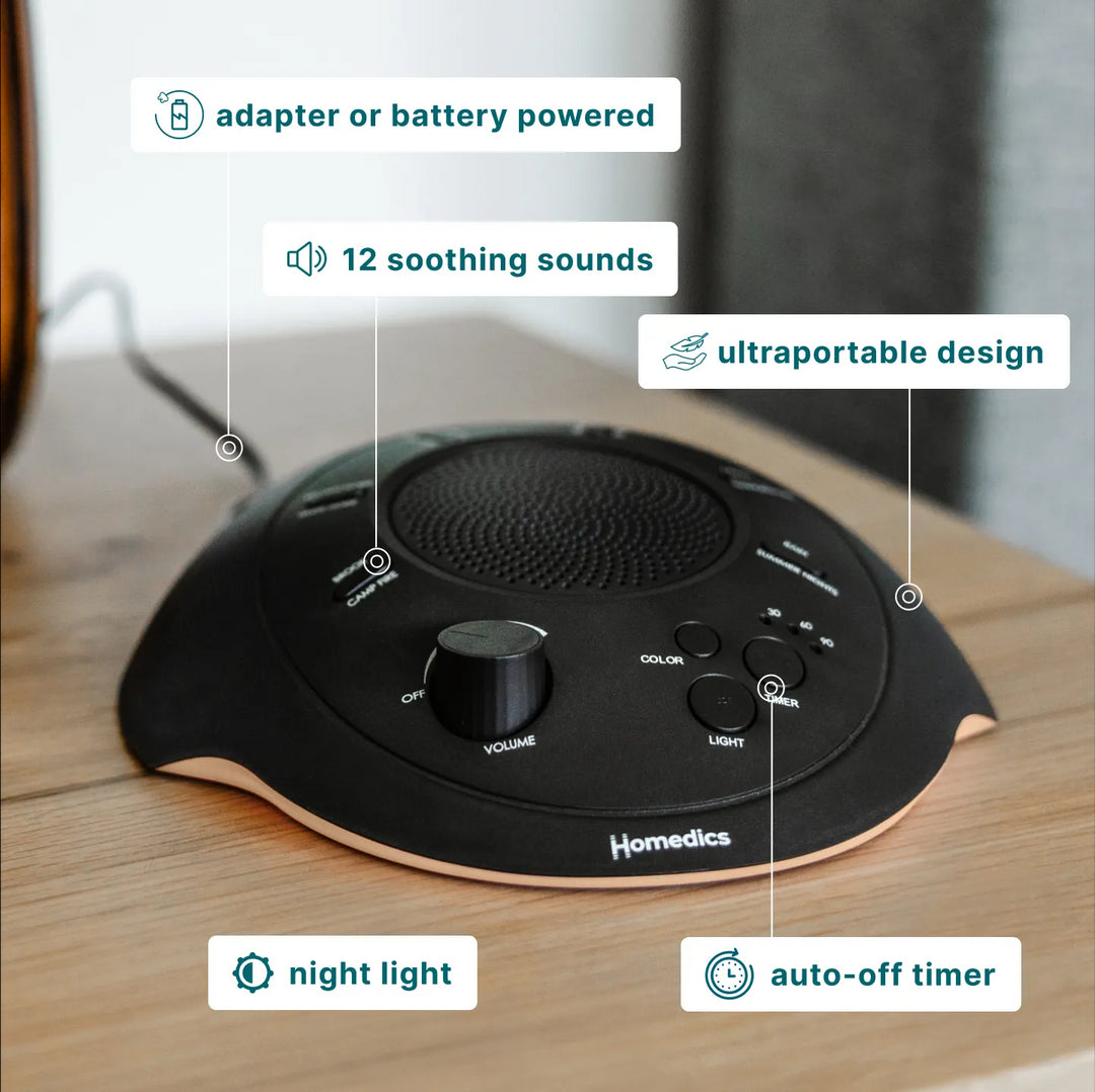 Night | Homedics Portable Sound Machine with Light comes in a portable design, is adapter or battery powered, has auto-off timer