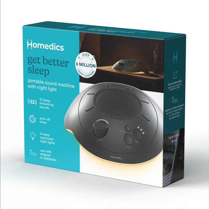 Night | Homedics Portable Sound Machine with Light packaged box with features mentioned over it.