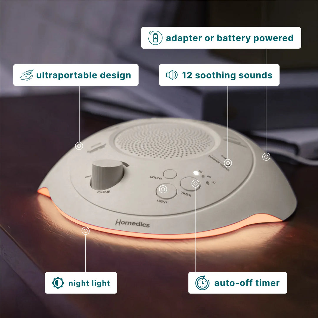 Dove | Homedics Portable Sound Machine with Light comes in a portable design, is adapter or battery powered, has auto-off timer