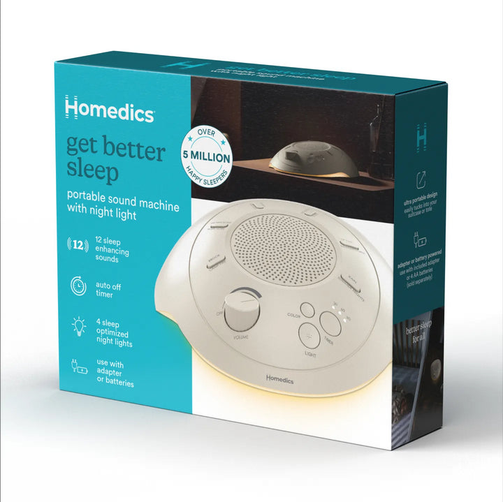 Dove | Homedics Portable Sound Machine with Light packaged box with features mentioned over it.