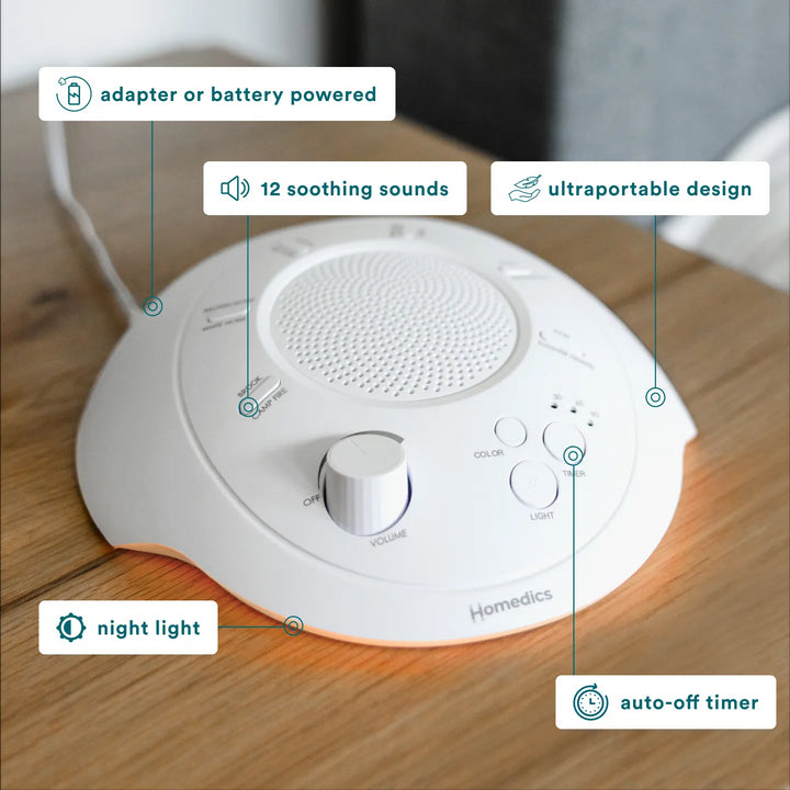 Cloud | Homedics Portable Sound Machine with Light comes in a portable design, is adapter or battery powered, has auto-off timer