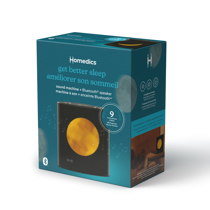 A blue box packaging of Sound Sleep Moon Dream Sound Machine & Clock which covers important information about product on it.