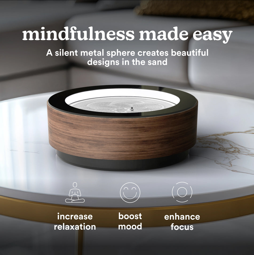 Black Walnut | mindfulness made easy, A silent metal sphere creates beautiful designs in the sand increase relaxation, boost mood, enhance focus