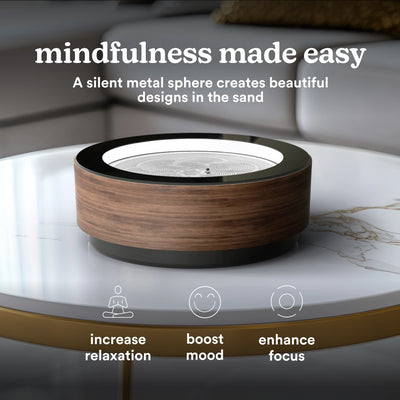 Black/Walnut | mindfulness made easy, A silent metal sphere creates beautiful designs in the sand increase relaxation, boost mood, enhance focus
