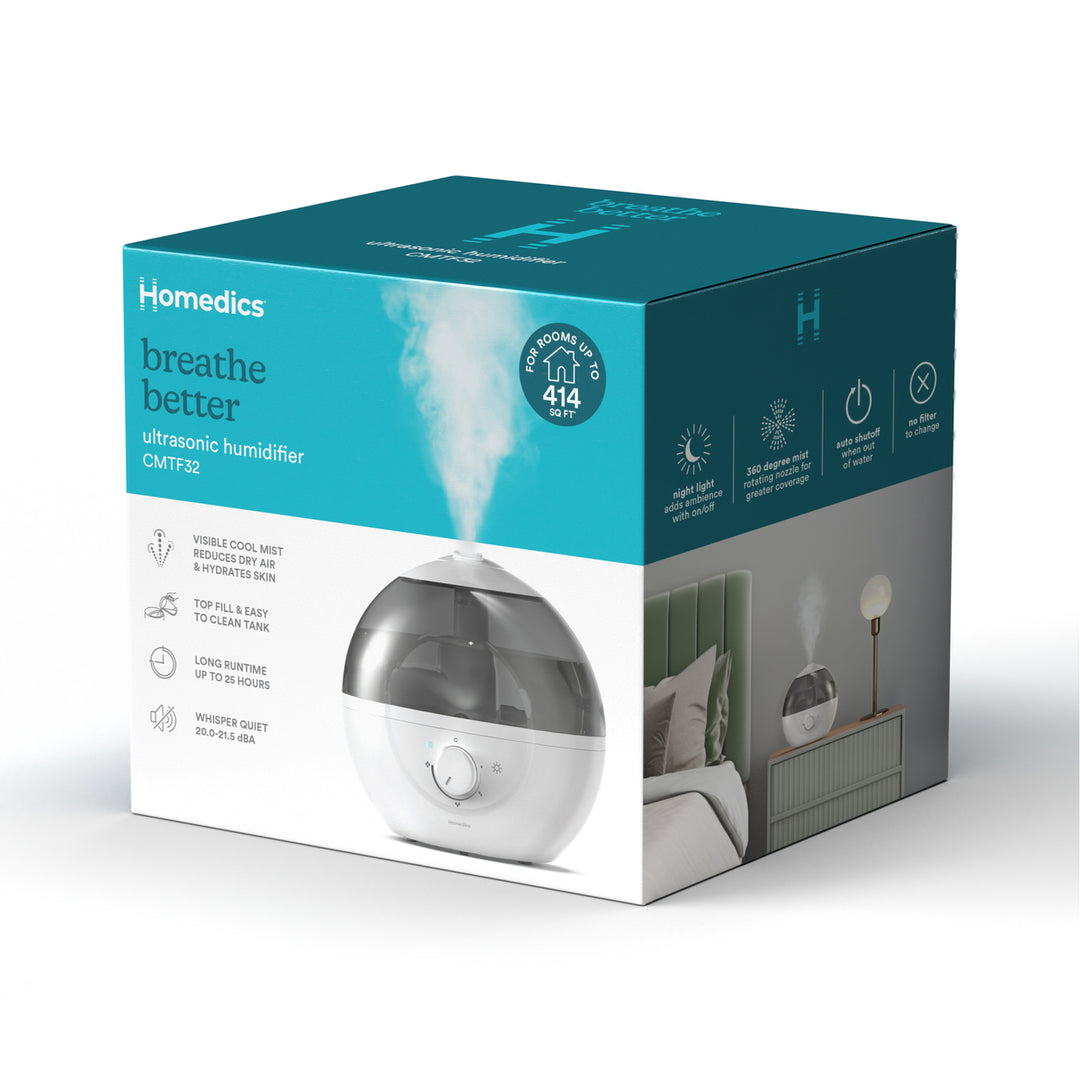 Packaged box of the Homedics® Ultrasonic Humidifier CMTF32 displaying the front view image of the product and its features