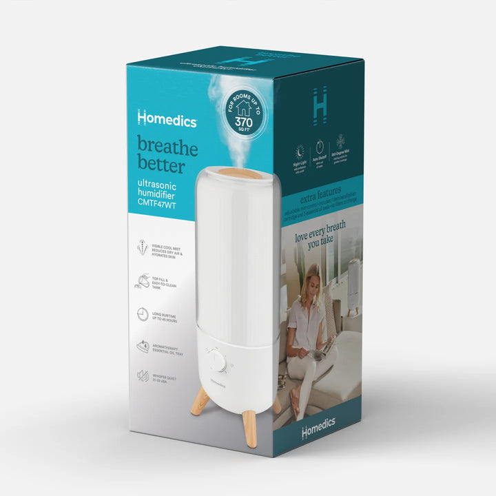 View of packaging box of Homedics® Ultrasonic Humidifier