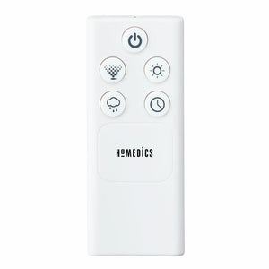 Close-up view of the remote control for the Homedics TotalComfort Deluxe Tower Ultrasonic Humidifier