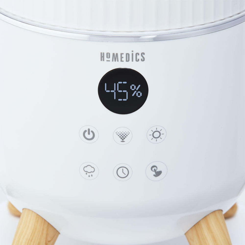 Close-up view of the controls on the Homedics TotalComfort Deluxe Tower Ultrasonic Humidifier