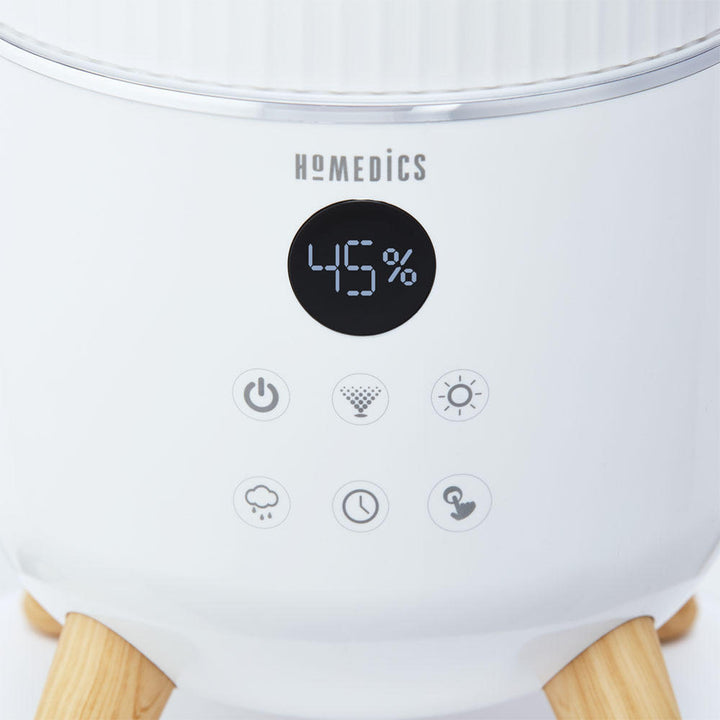 Close-up view of the controls on the Homedics TotalComfort Deluxe Tower Ultrasonic Humidifier