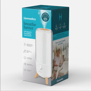View of packaging box of Homedics® Ultrasonic Humidifier