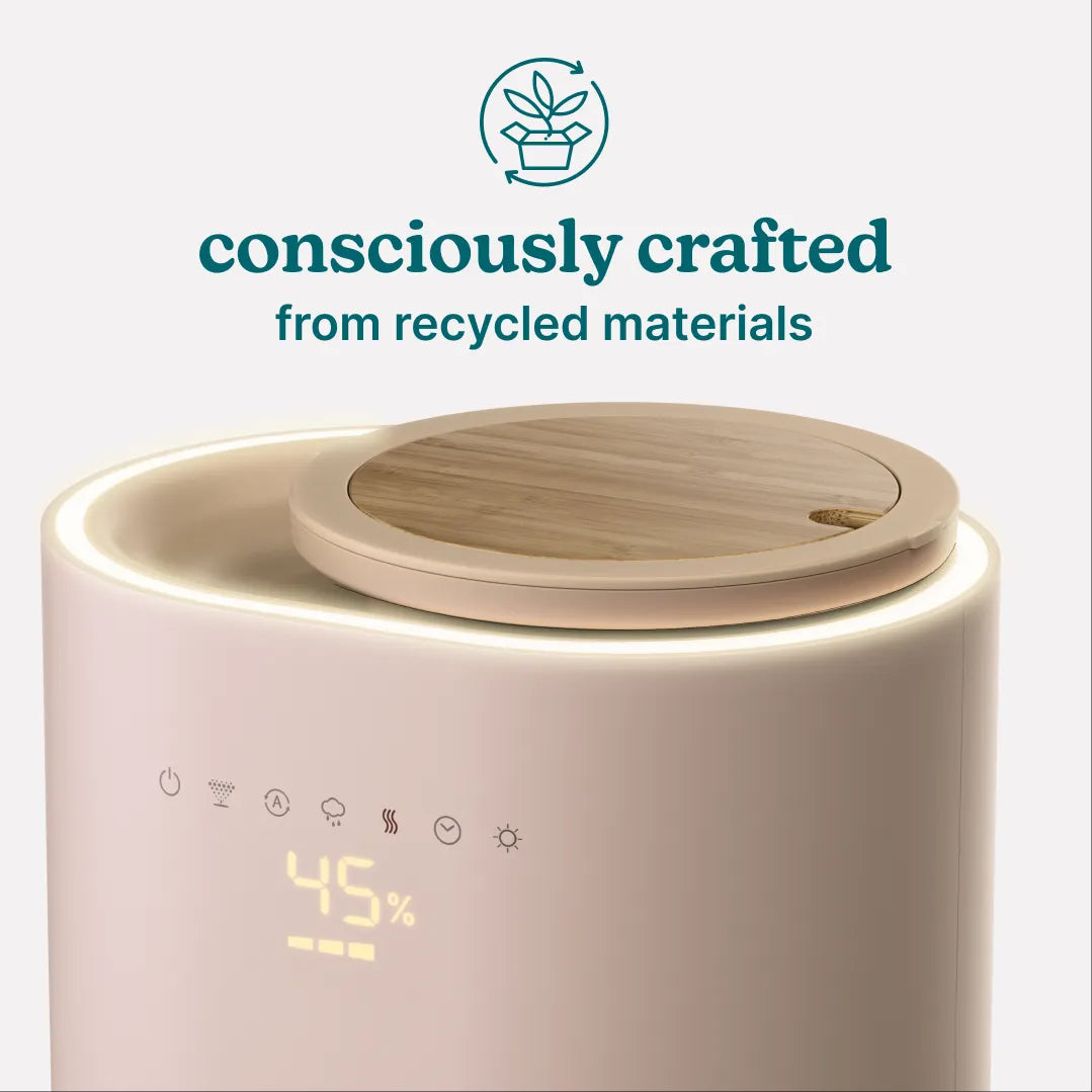 An image with text emphasizing the eco-friendly and thoughtfully designed nature of the Homedics Small Plant Humidifier, stating "Consciously Crafted."