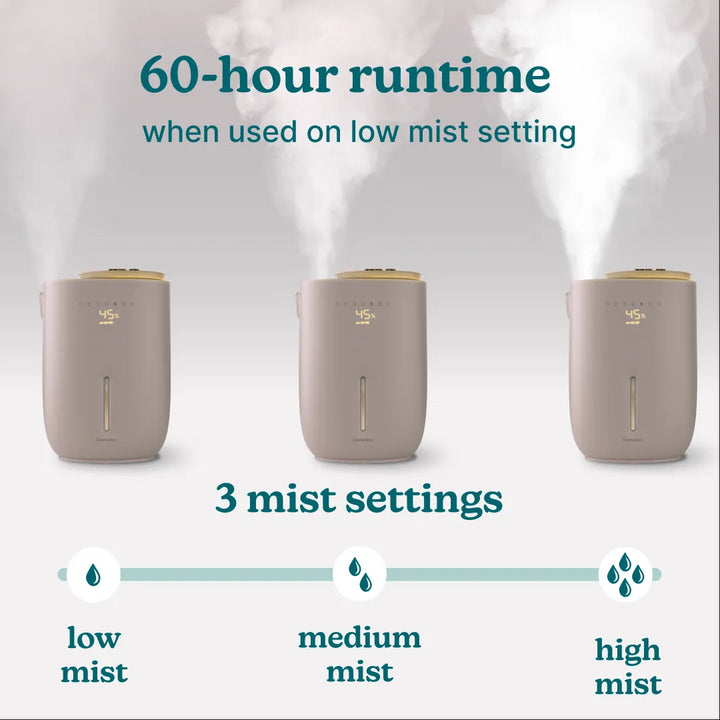 An image demonstrating the adjustable mist levels of the Homedics Small Plant Humidifier, allowing users to customize the humidity output according to their preferences.