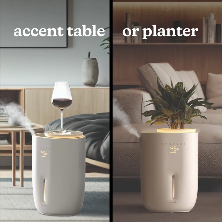 An image showcasing the dual functionality of the Homedics Small Plant Humidifier, indicating that it can also be used as an accent table or a planter.