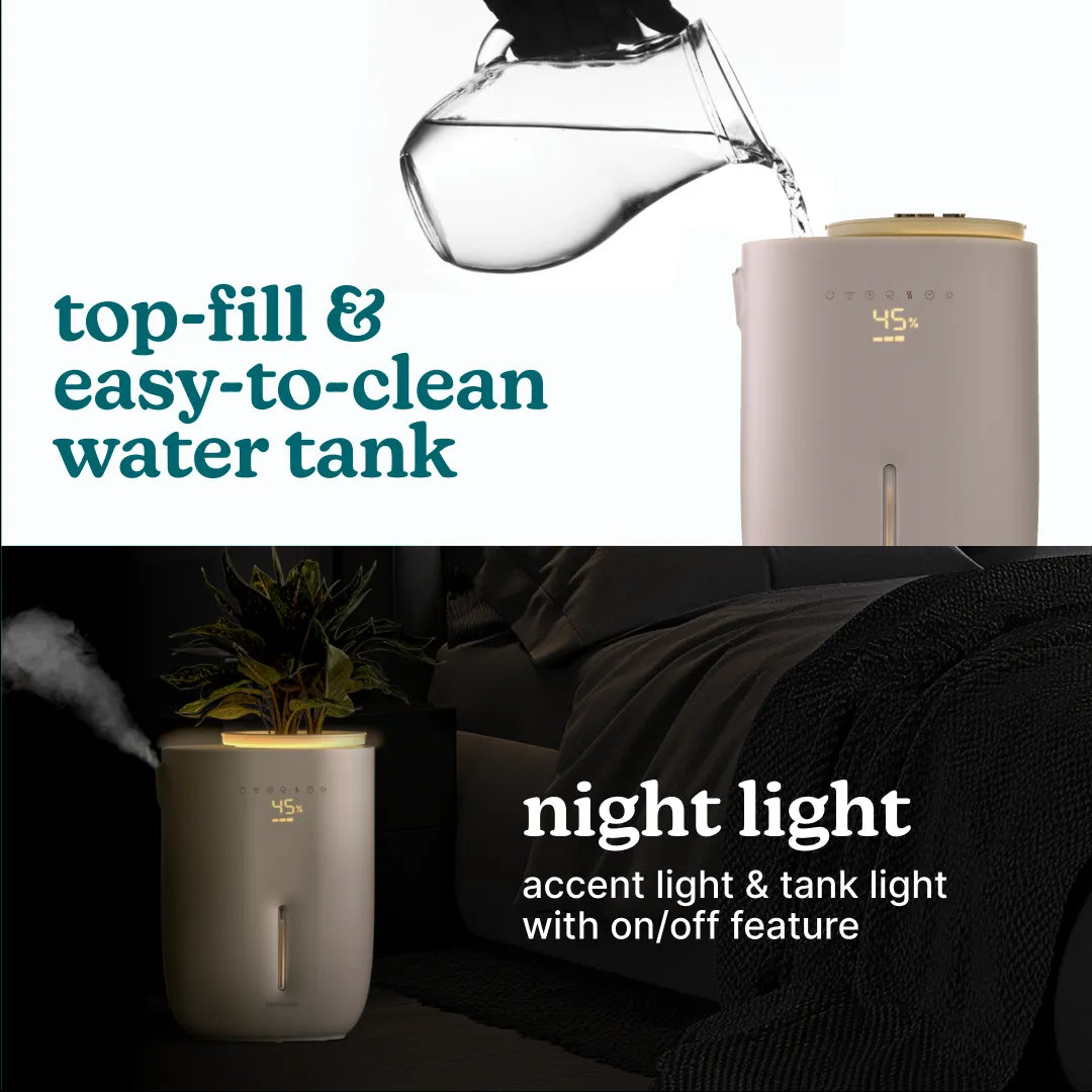 An image highlighting the top water filling feature and ease of cleaning for the Homedics Small Plant Humidifier, along with the built-in light for night use.