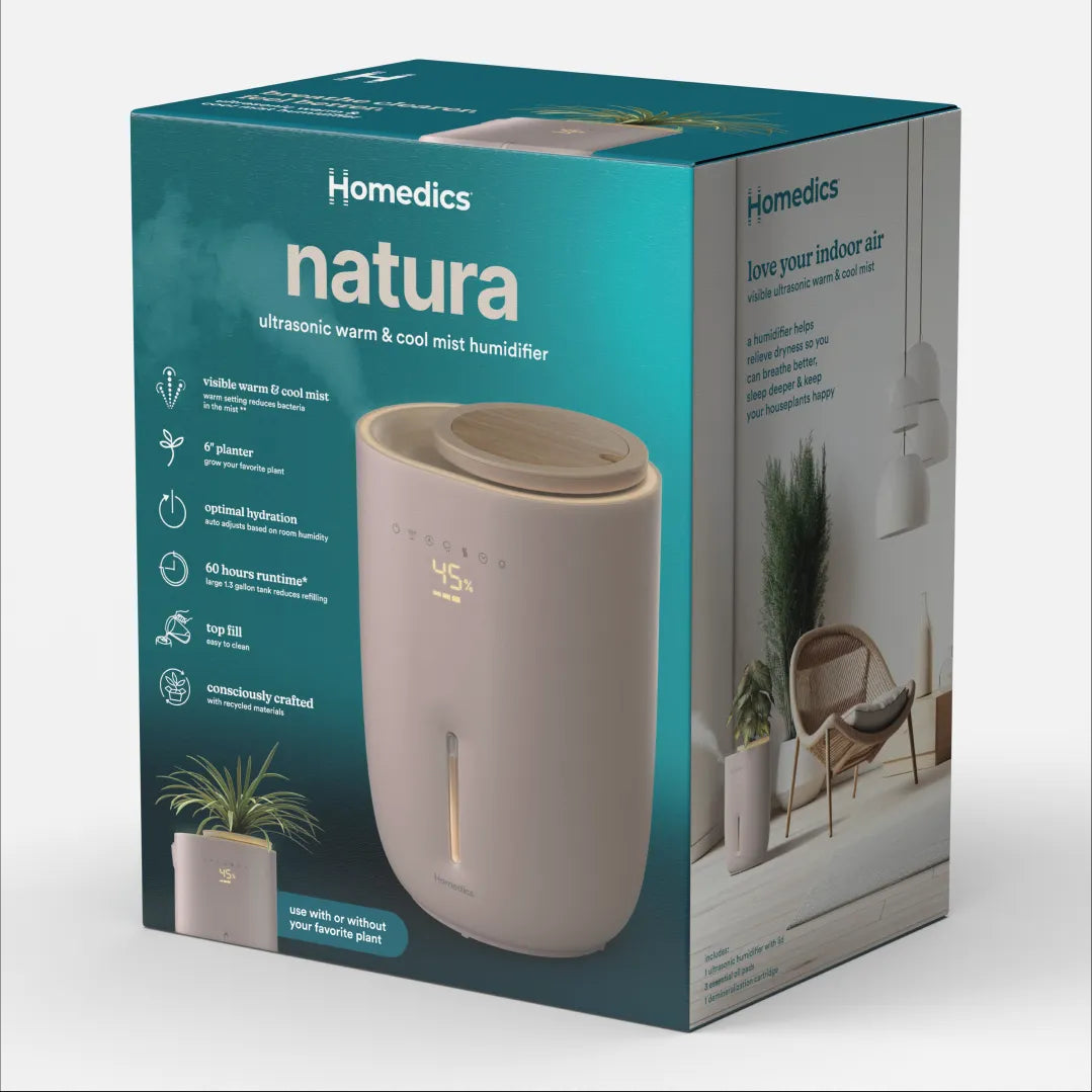 An image of the Homedics Small Plant Humidifier packaging, showing a blue box with the product name and key features mentioned on it.