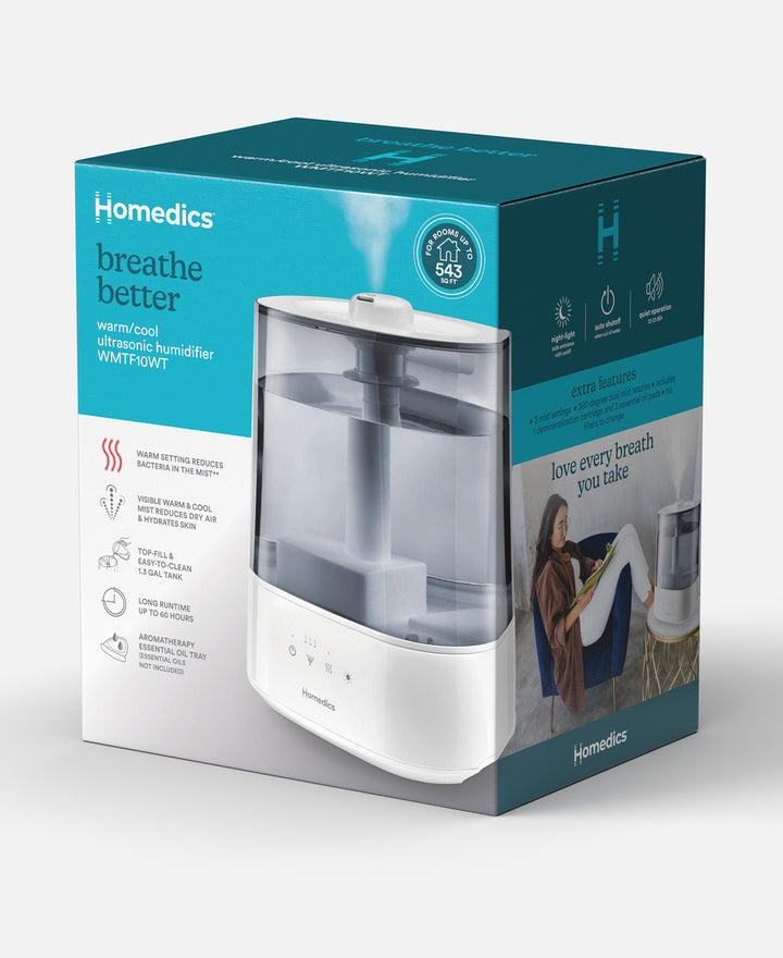 images shows Homedics® Warm/Cool Ultrasonic Humidifier boxed/packaged