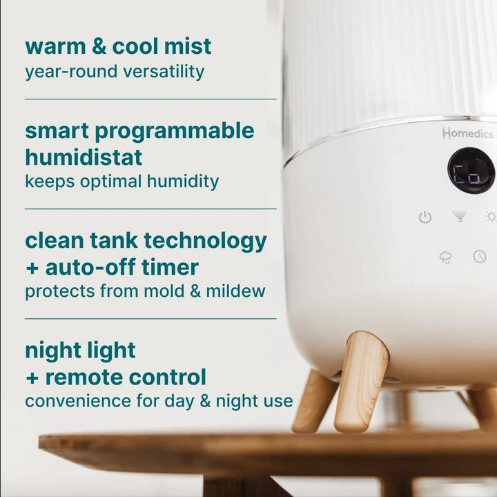 Image showcasing the benefits of Shiatsu massage and dynamic air compression in the Homedics® Warm & Cool Mist Ultrasonic Humidifier