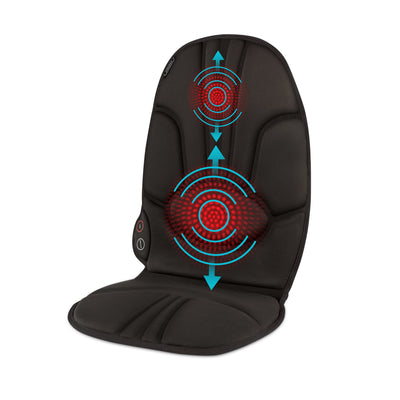 Black | Angled view of the brown Homedics Portable Back Massage Cushion with massaging graphics