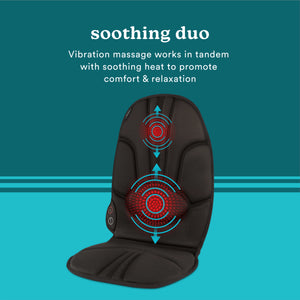 Black | Image of the brown Homedics Portable Back Massage Cushion showing the duo property of vibration massage and soothing heat via graphics