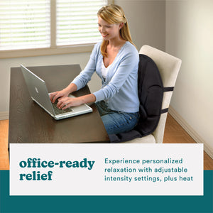 Black | Woman sits at computer desk while enjoying a massage from the black Homedics Portable Back Massage Cushion