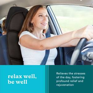 Black | Woman sits in relaxing posture in the car while using Homedics Portable Back Massage Cushion