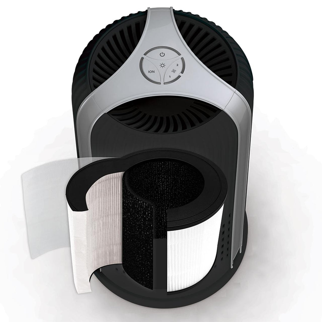 Black | Angled view of the black Homedics TotalClean 4-in-1 Small Room Air Purifier with rendered filter