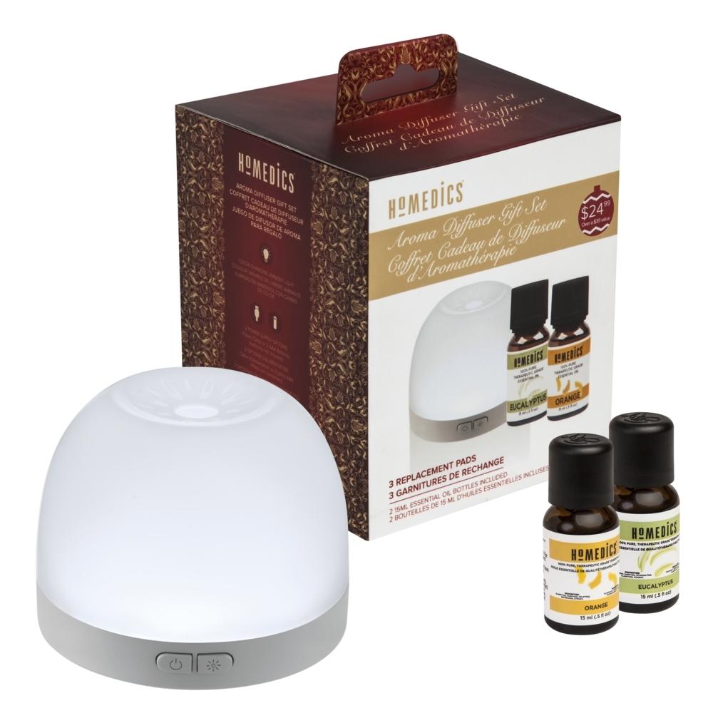 Front view of the Homedics Personal Portable Aroma Pad Diffuser Holiday Gift Set box