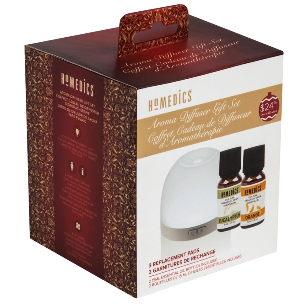 Angled view of the Homedics Personal Portable Aroma Pad Diffuser Holiday Gift Set box