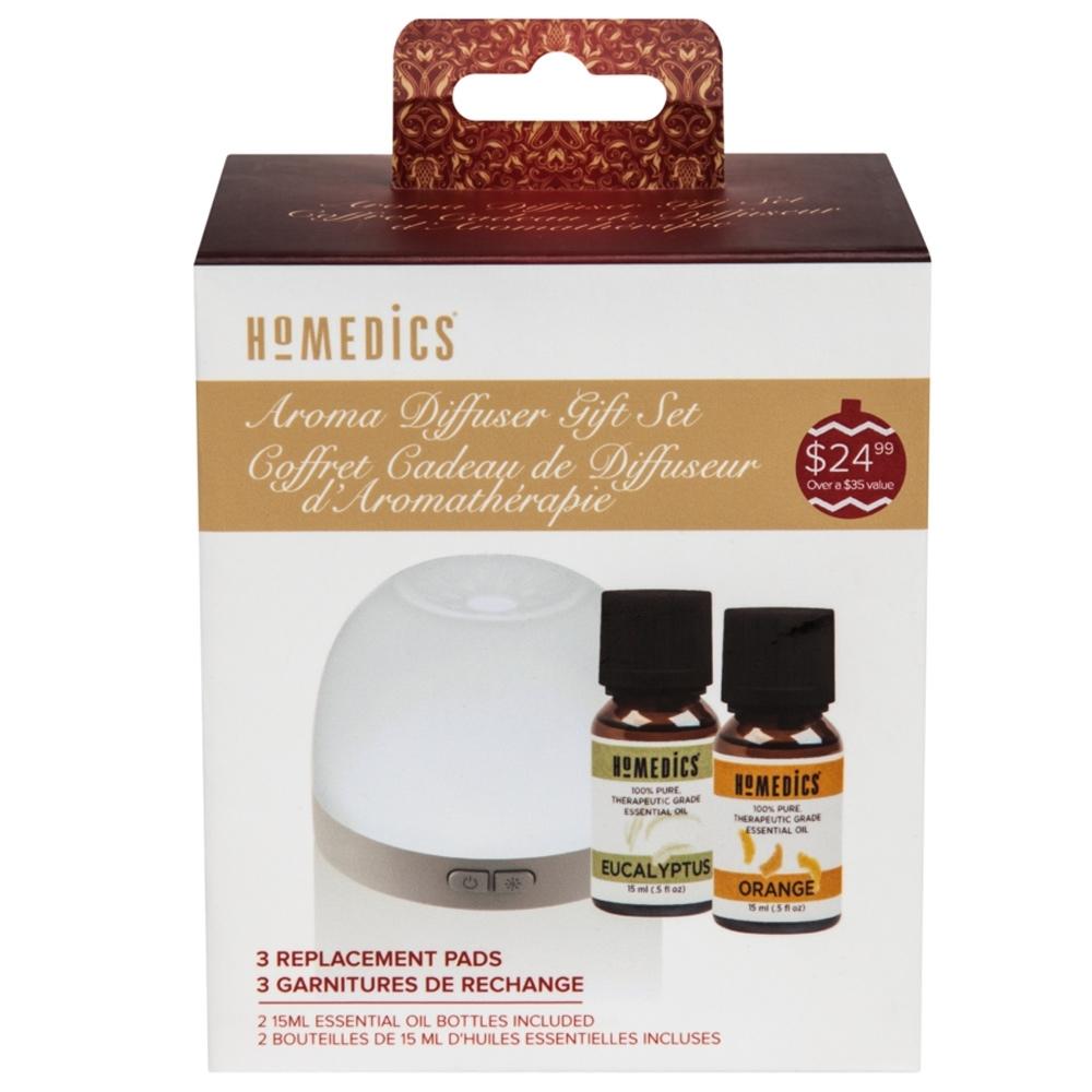 Front view of the Homedics Personal Portable Aroma Pad Diffuser Holiday Gift Set box
