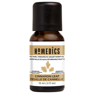 Homedics Cinnamon Leaf Essential Oil 15 ml next to bottle of ground cinnamon and cinnamon sticks