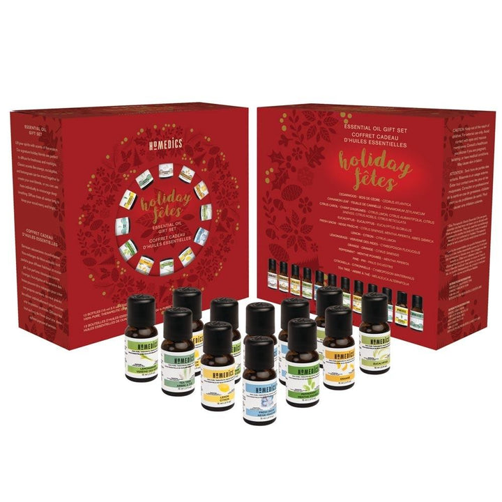 Homedics Holiday 12 Pack Oil Gift Set front and back box with essential oils