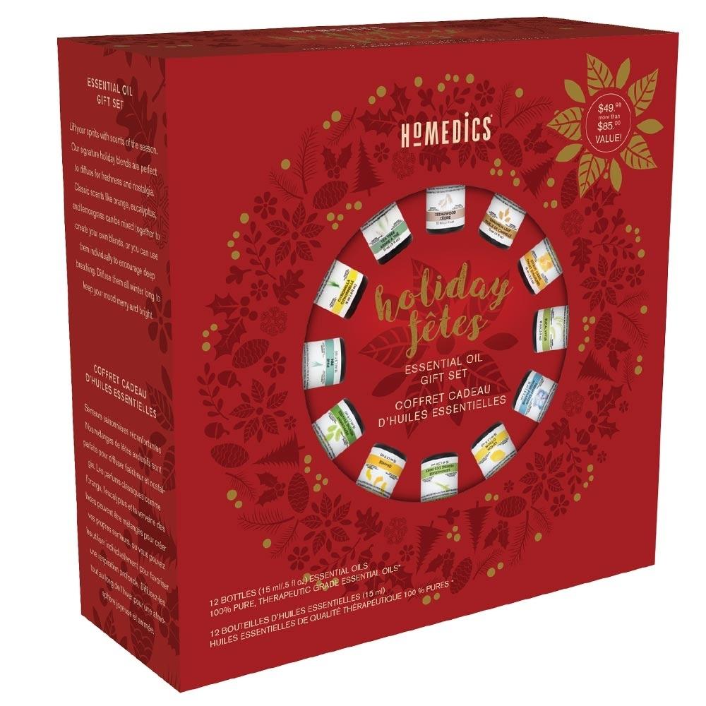 Homedics Holiday 12 Pack Oil Gift Set front and back box with essential oils