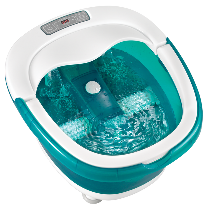Woman in bath robe sits in chair with feet in the Homedics Deep Soak Duo Footbath with Poweroll Massage